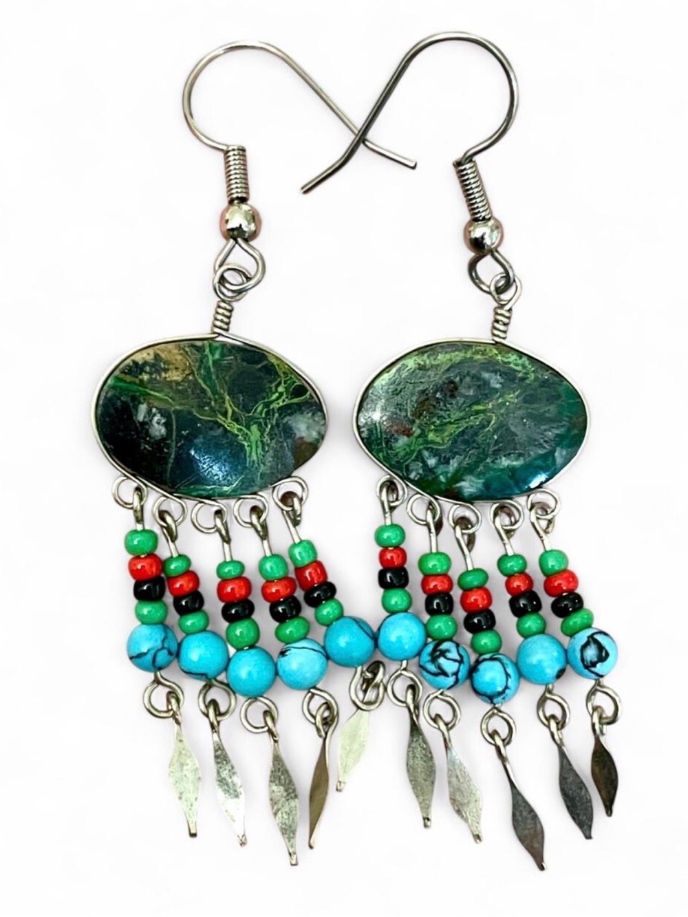 Vintage Artisan Jasper Stone Southwestern Chandelier Dangle Earrings Tribal Boho